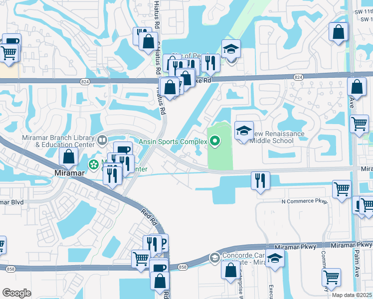 map of restaurants, bars, coffee shops, grocery stores, and more near 2440 West Preserve Way in Miramar