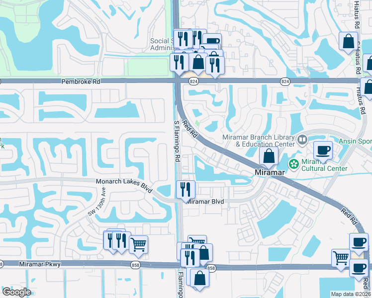 map of restaurants, bars, coffee shops, grocery stores, and more near 2492 Centergate Drive in Miramar