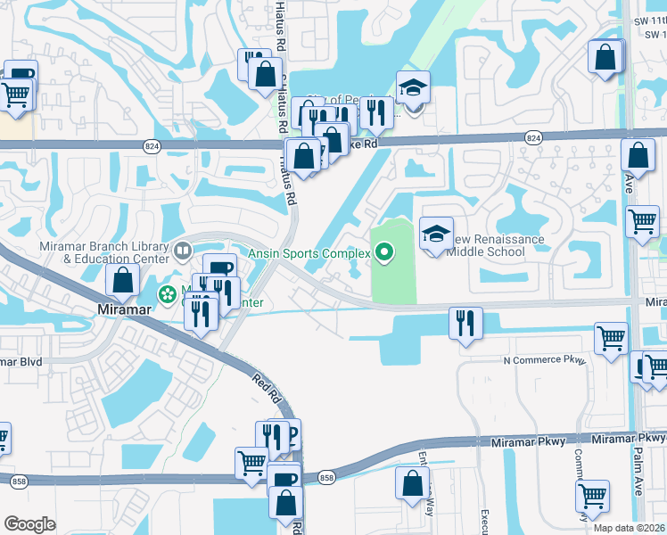 map of restaurants, bars, coffee shops, grocery stores, and more near 2440 West Preserve Way in Miramar