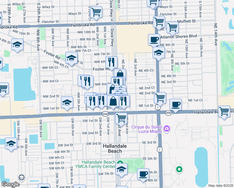 map of restaurants, bars, coffee shops, grocery stores, and more near 131 Northeast 1st Avenue in Hallandale Beach