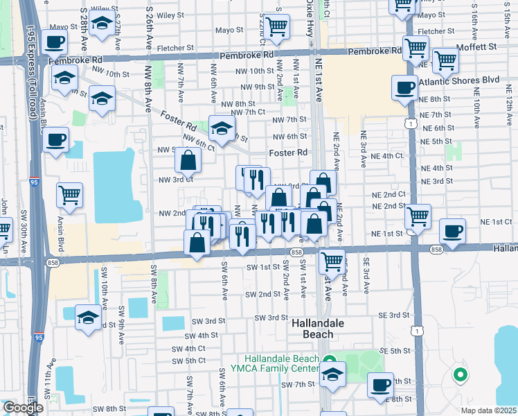 map of restaurants, bars, coffee shops, grocery stores, and more near 401 Northwest 2nd Street in Hallandale Beach