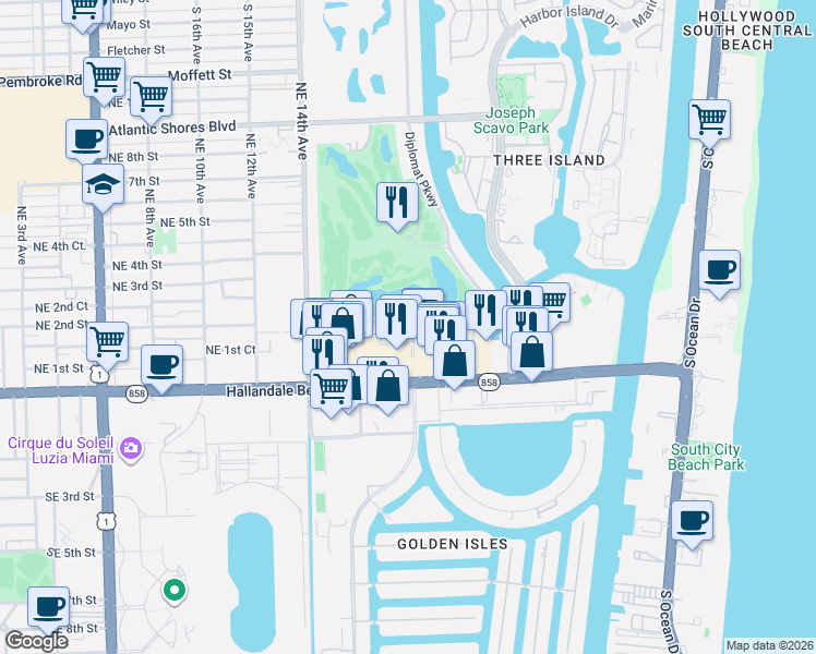 map of restaurants, bars, coffee shops, grocery stores, and more near 1733 East Hallandale Beach Boulevard in Hallandale Beach