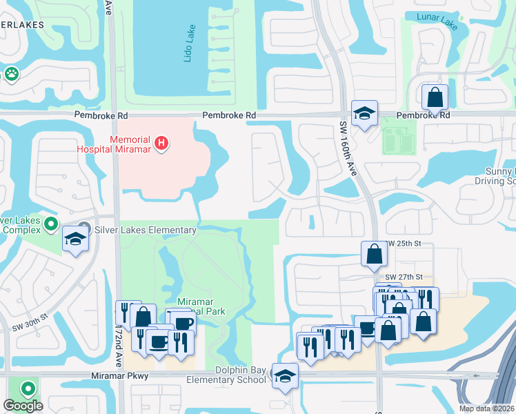 map of restaurants, bars, coffee shops, grocery stores, and more near 2271 Southwest 164th Avenue in Miramar
