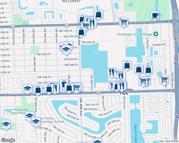 map of restaurants, bars, coffee shops, grocery stores, and more near 3801 Southwest 26th Street in West Park