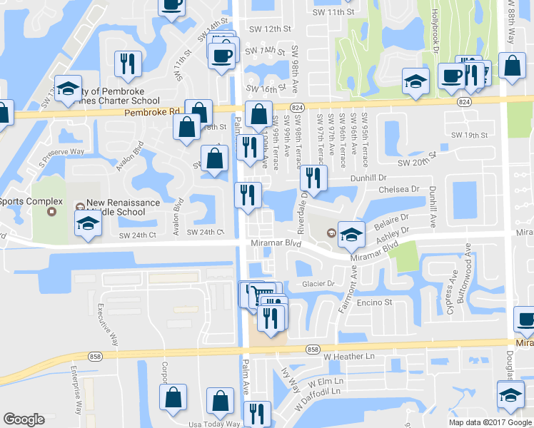 map of restaurants, bars, coffee shops, grocery stores, and more near 2409 Southwest 99th Way in Miramar