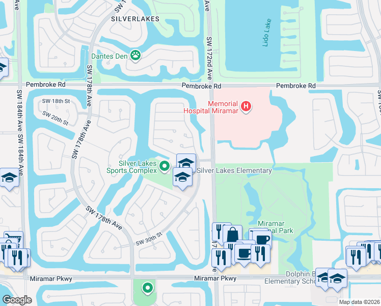 map of restaurants, bars, coffee shops, grocery stores, and more near 17304 Southwest 22nd Street in Miramar