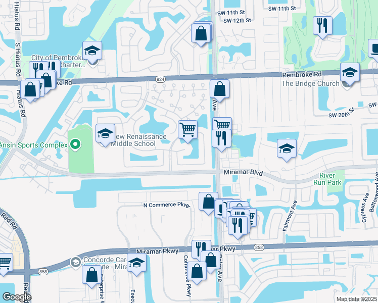 map of restaurants, bars, coffee shops, grocery stores, and more near 10255 Southwest 24th Court in Miramar