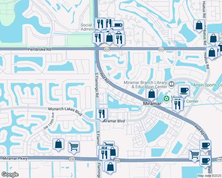 map of restaurants, bars, coffee shops, grocery stores, and more near 2464 Centergate Drive in Miramar