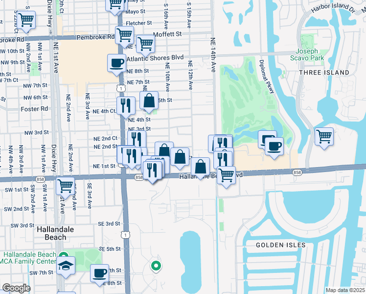 map of restaurants, bars, coffee shops, grocery stores, and more near 1017 Northeast 1st Court in Hallandale Beach
