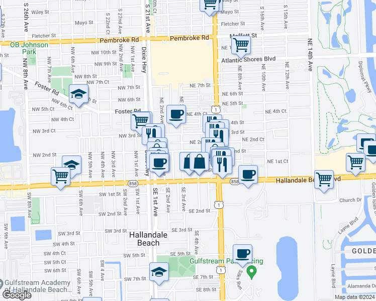 map of restaurants, bars, coffee shops, grocery stores, and more near 321 Northeast 1st Court in Hallandale Beach