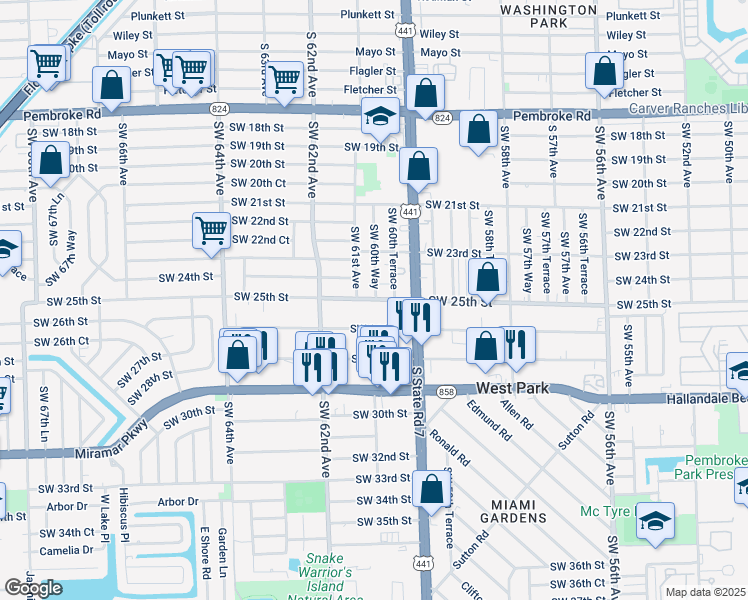 map of restaurants, bars, coffee shops, grocery stores, and more near 6032 Southwest 25th Street in Miramar