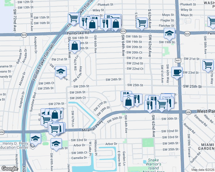 map of restaurants, bars, coffee shops, grocery stores, and more near 6475 Southwest 26th Street in Miramar