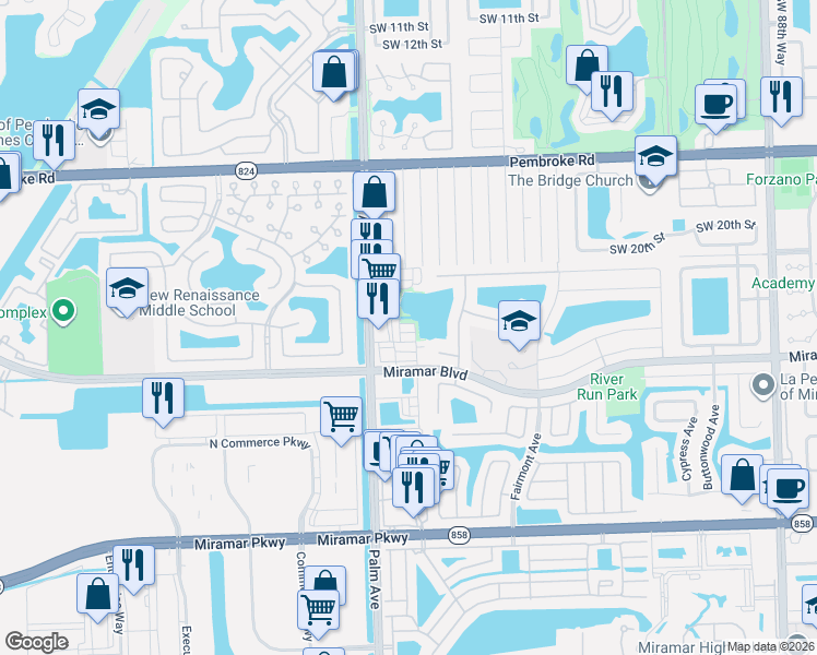 map of restaurants, bars, coffee shops, grocery stores, and more near 2409 Southwest 99th Way in Miramar