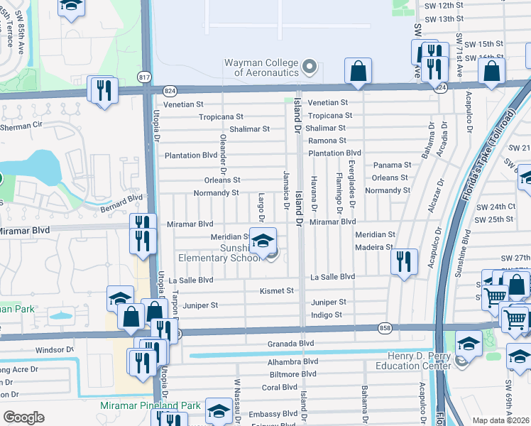 map of restaurants, bars, coffee shops, grocery stores, and more near 2421 Largo Drive in Miramar