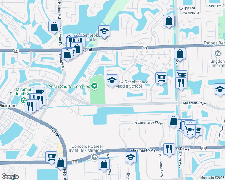 map of restaurants, bars, coffee shops, grocery stores, and more near 10701 Miramar Boulevard in Miramar