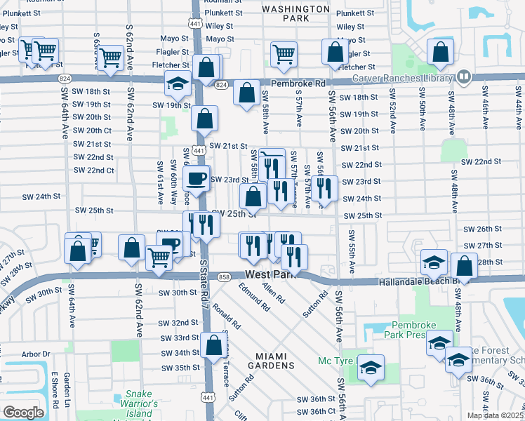 map of restaurants, bars, coffee shops, grocery stores, and more near 5820 Southwest 25th Street in West Park