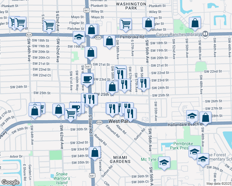 map of restaurants, bars, coffee shops, grocery stores, and more near 5820 Southwest 25th Street in West Park