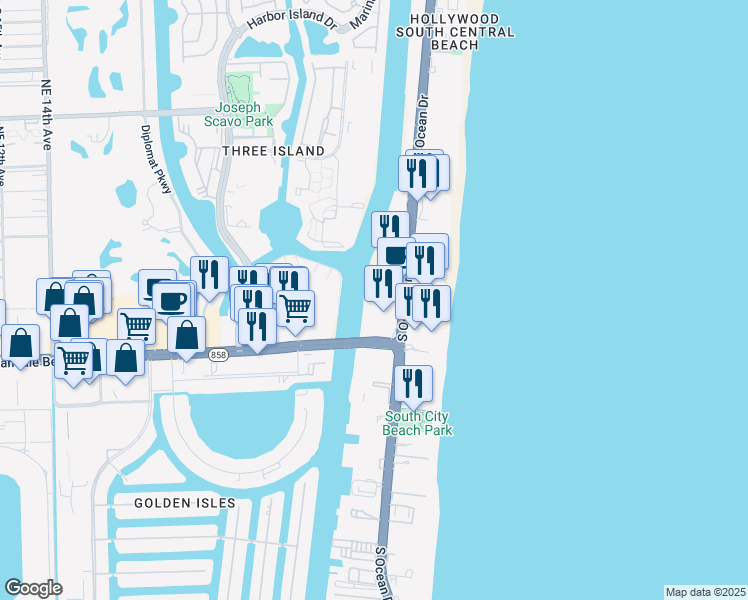 map of restaurants, bars, coffee shops, grocery stores, and more near 4010 South Ocean Drive in Hollywood