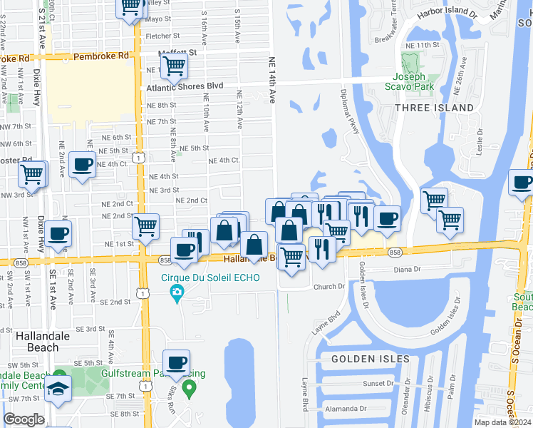 map of restaurants, bars, coffee shops, grocery stores, and more near 1333 East Hallandale Beach Boulevard in Hallandale Beach
