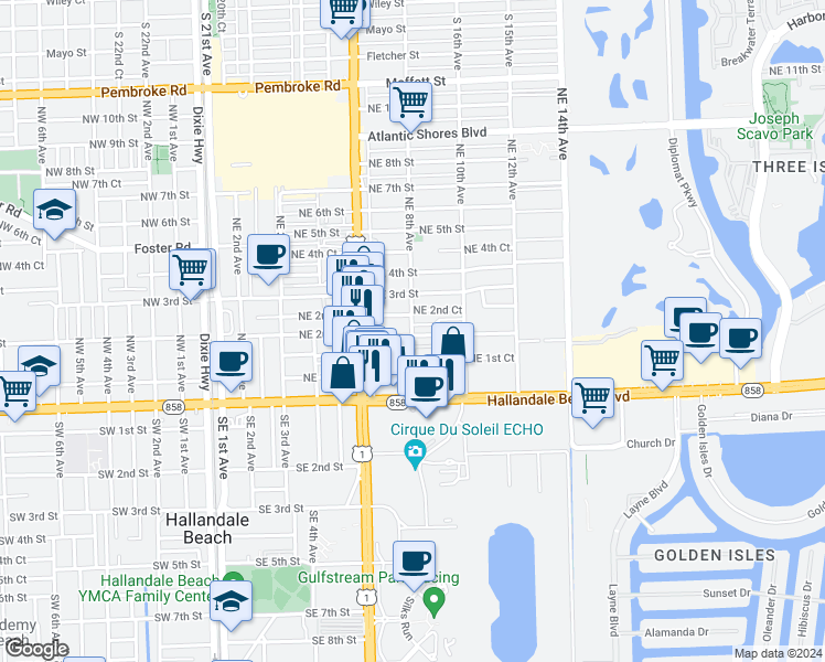 map of restaurants, bars, coffee shops, grocery stores, and more near 800 Northeast 2nd Street in Hallandale Beach
