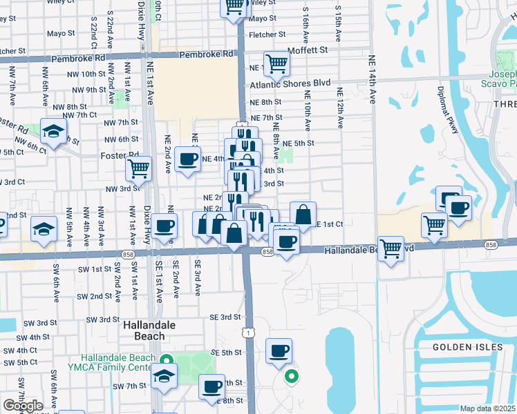 map of restaurants, bars, coffee shops, grocery stores, and more near 126 North Federal Highway in Hallandale Beach