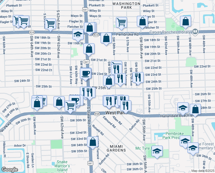 map of restaurants, bars, coffee shops, grocery stores, and more near 5820 Southwest 25th Street in West Park