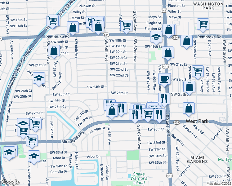 map of restaurants, bars, coffee shops, grocery stores, and more near 6321 Southwest 26th Street in Miramar