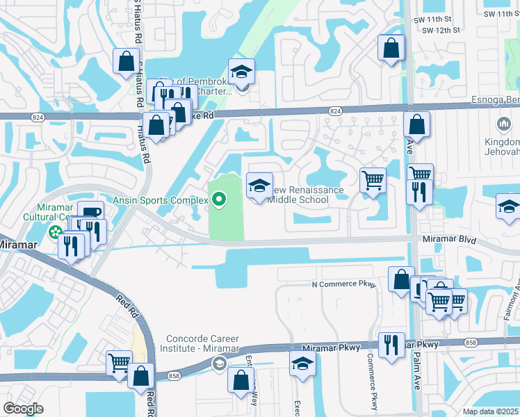 map of restaurants, bars, coffee shops, grocery stores, and more near 10701 Miramar Blvd in Miramar