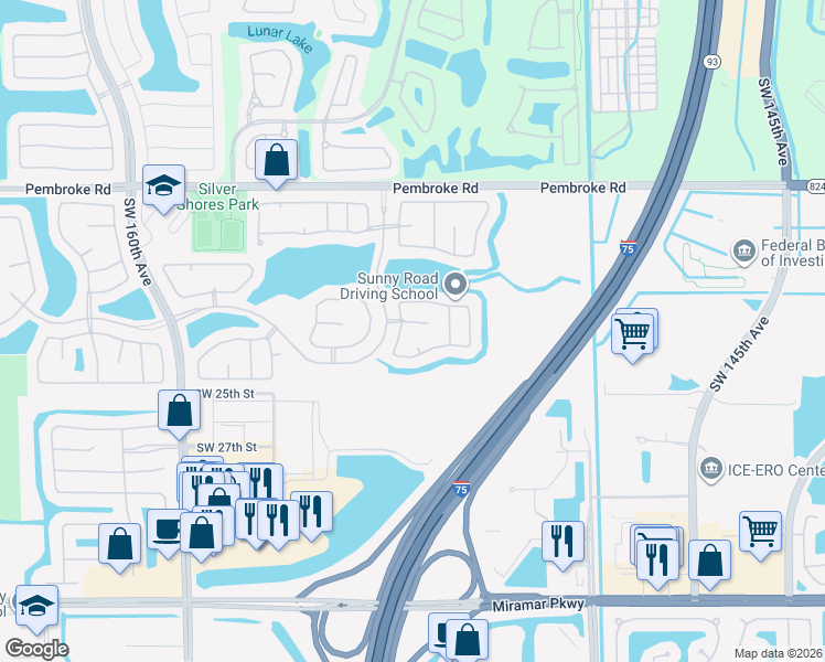 map of restaurants, bars, coffee shops, grocery stores, and more near 2175 Southwest 150th Avenue in Miramar