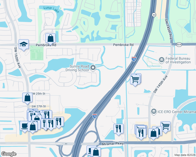 map of restaurants, bars, coffee shops, grocery stores, and more near 2111 Southwest 148th Avenue in Miramar