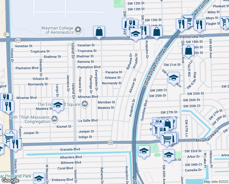 map of restaurants, bars, coffee shops, grocery stores, and more near 2421 Bermuda Drive in Miramar