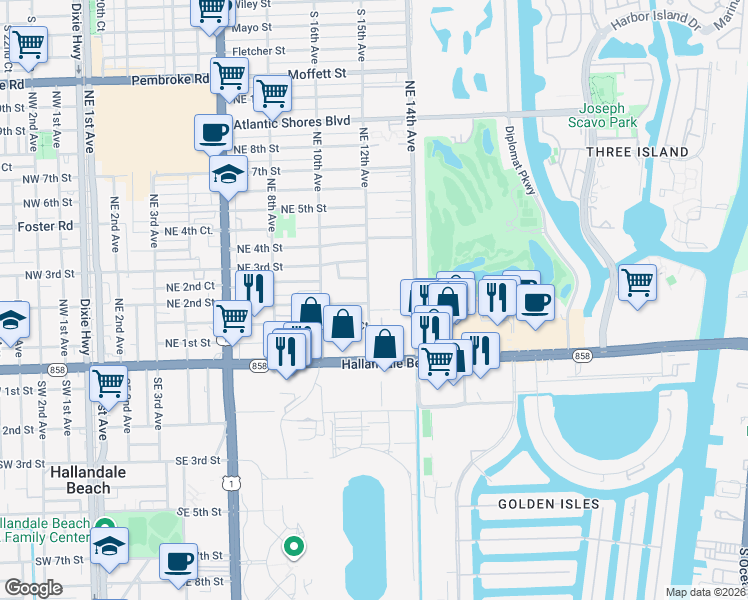 map of restaurants, bars, coffee shops, grocery stores, and more near 120 Northeast 12th Avenue in Hallandale Beach