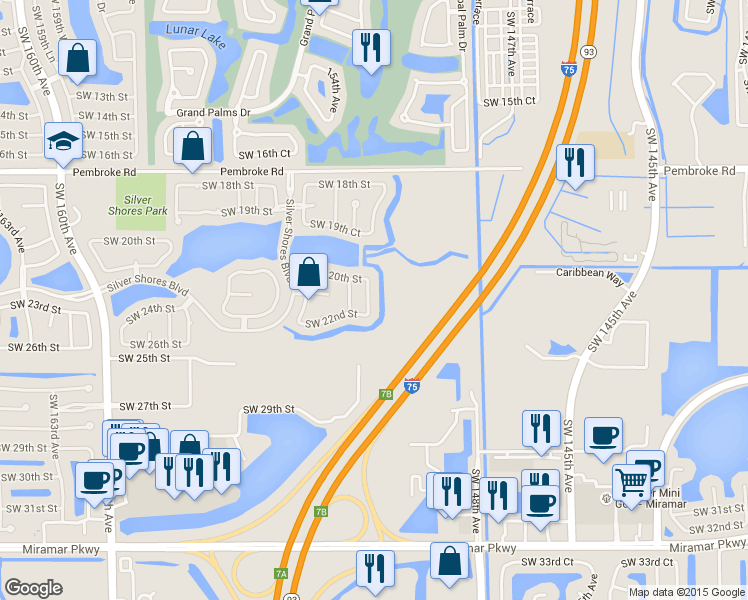 map of restaurants, bars, coffee shops, grocery stores, and more near 2111 Southwest 148th Avenue in Miramar