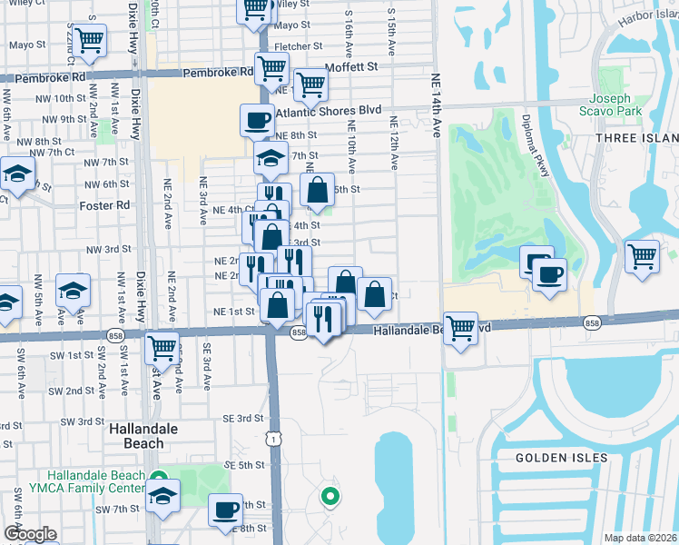 map of restaurants, bars, coffee shops, grocery stores, and more near 161 Northeast 10th Avenue in Hallandale Beach