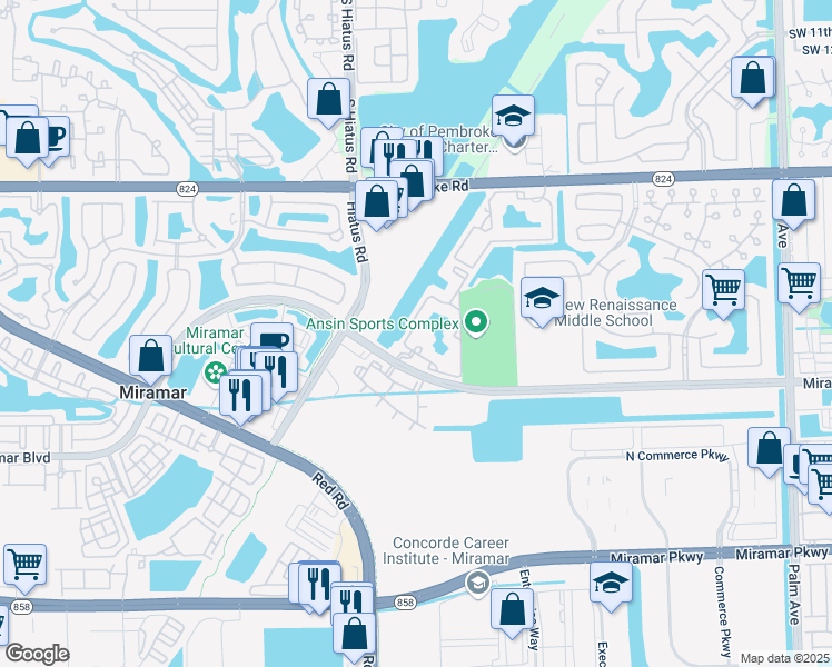 map of restaurants, bars, coffee shops, grocery stores, and more near 2440 West Preserve Way in Miramar