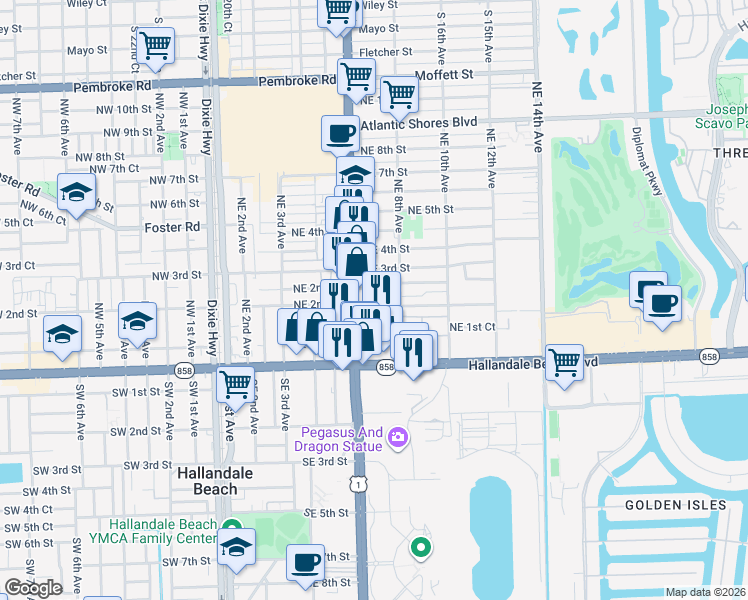 map of restaurants, bars, coffee shops, grocery stores, and more near 126 North Federal Highway in Hallandale Beach