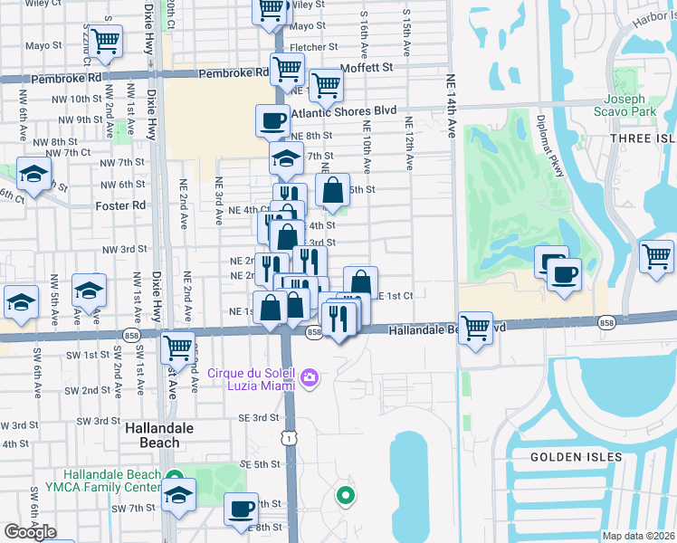 map of restaurants, bars, coffee shops, grocery stores, and more near 800 Northeast 2nd Street in Hallandale Beach