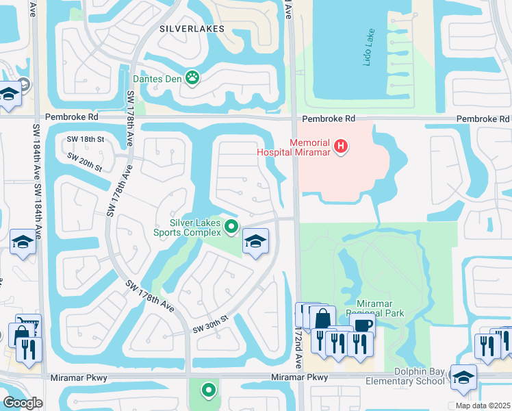map of restaurants, bars, coffee shops, grocery stores, and more near 17384 Southwest 22nd Street in Miramar