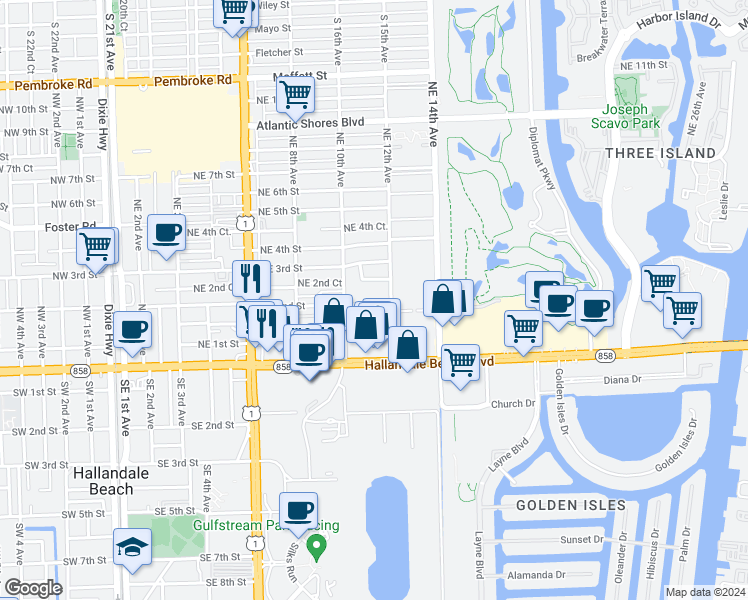 map of restaurants, bars, coffee shops, grocery stores, and more near 1105 Northeast 2nd Street in Hallandale Beach