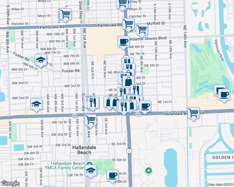 map of restaurants, bars, coffee shops, grocery stores, and more near 415 Northeast 2nd Street in Hallandale Beach