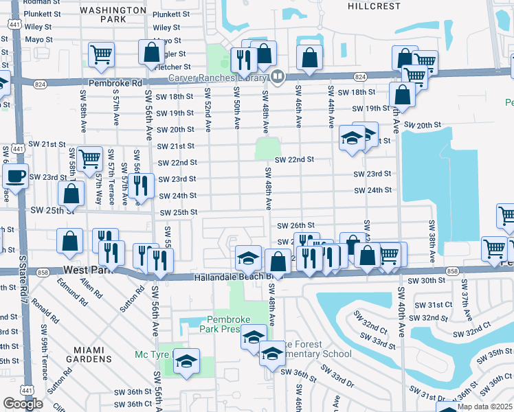 map of restaurants, bars, coffee shops, grocery stores, and more near 2511 Southwest 48th Terrace in Hollywood