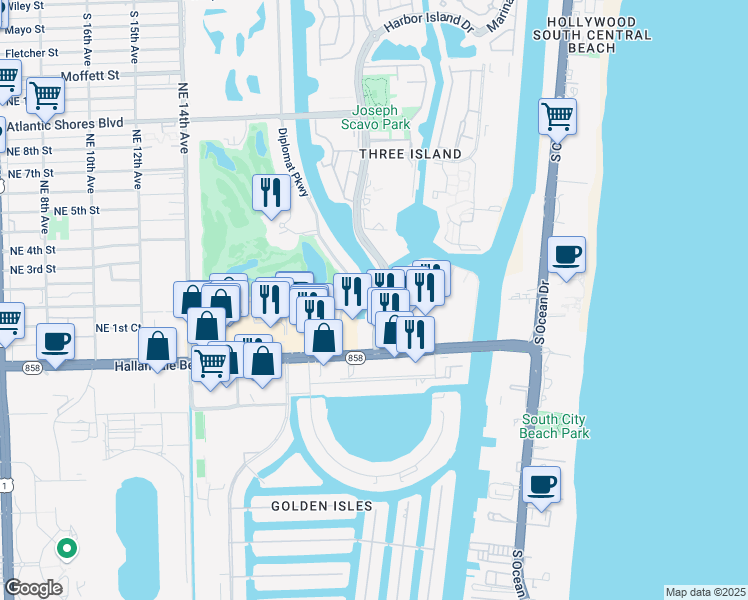 map of restaurants, bars, coffee shops, grocery stores, and more near 26 Diplomat Parkway in Hallandale Beach