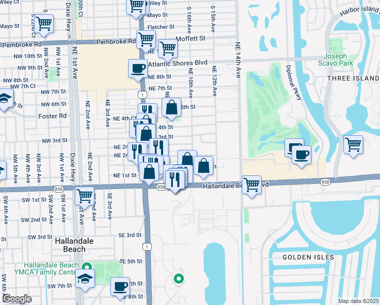 map of restaurants, bars, coffee shops, grocery stores, and more near 161 Northeast 10th Avenue in Hallandale Beach