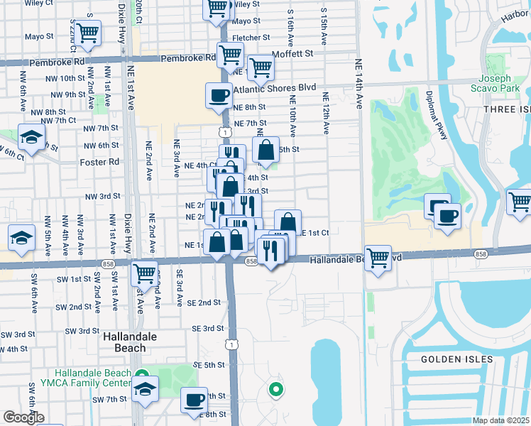 map of restaurants, bars, coffee shops, grocery stores, and more near 800 Northeast 2nd Street in Hallandale Beach