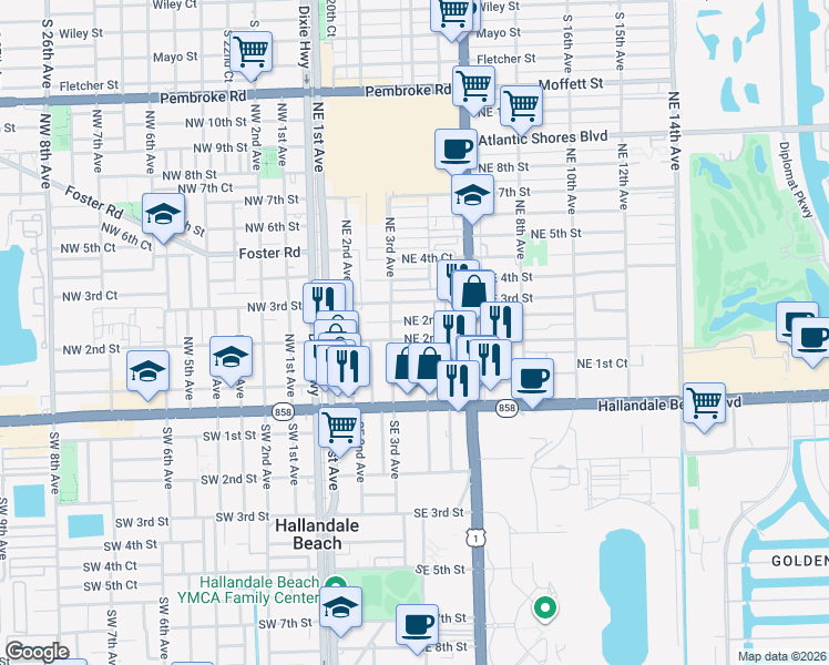 map of restaurants, bars, coffee shops, grocery stores, and more near 321 Northeast 1st Court in Hallandale Beach