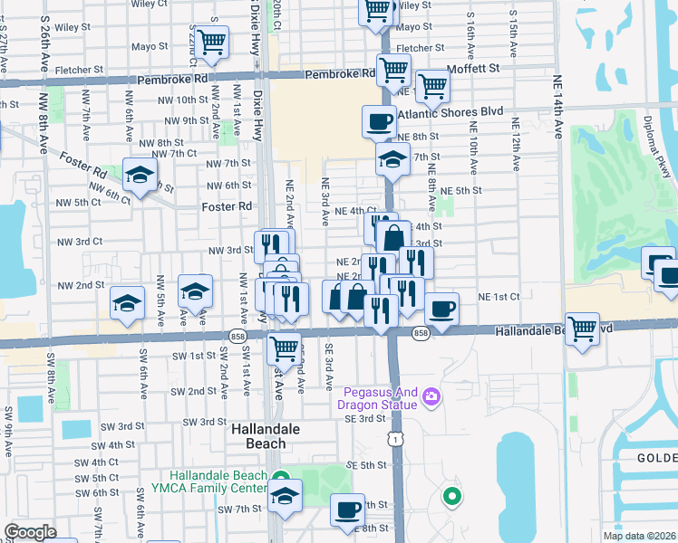 map of restaurants, bars, coffee shops, grocery stores, and more near 321 Northeast 1st Court in Hallandale Beach