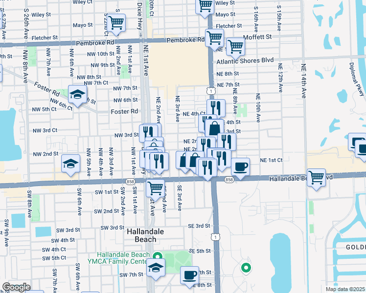 map of restaurants, bars, coffee shops, grocery stores, and more near 321 Northeast 1st Court in Hallandale Beach