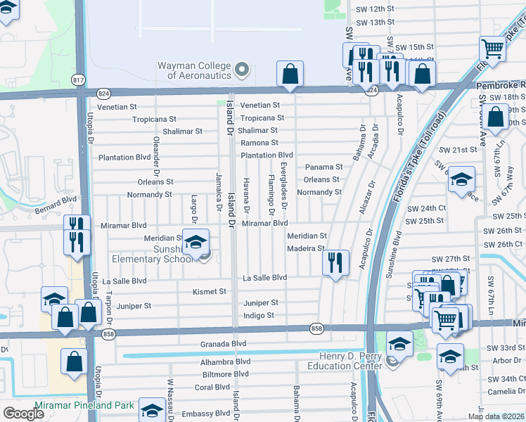 map of restaurants, bars, coffee shops, grocery stores, and more near 2501 Gulfstream Drive in Miramar