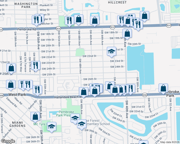 map of restaurants, bars, coffee shops, grocery stores, and more near 4631 Southwest 26th Street in West Park