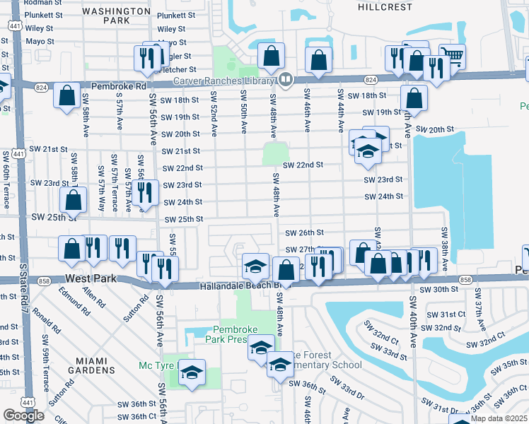 map of restaurants, bars, coffee shops, grocery stores, and more near 4809 Southwest 25th Street in Hollywood